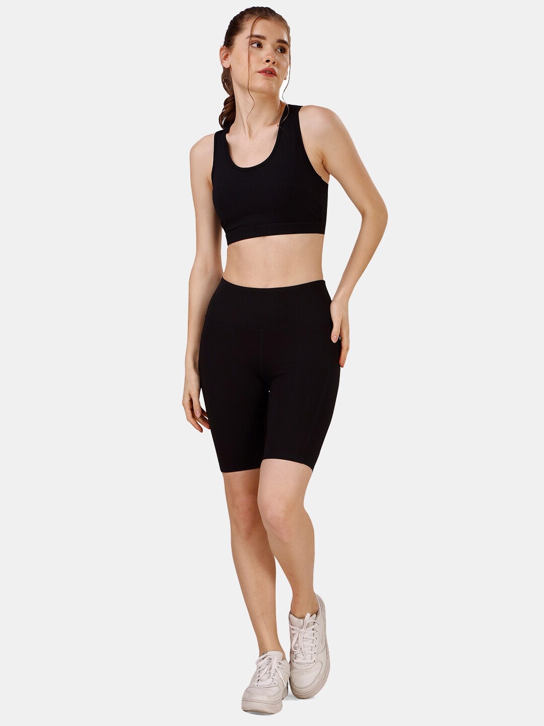 

Soie Medium Impact Full Coverage Moisture Wicking Racerback Sports Bra & Shorts, Black