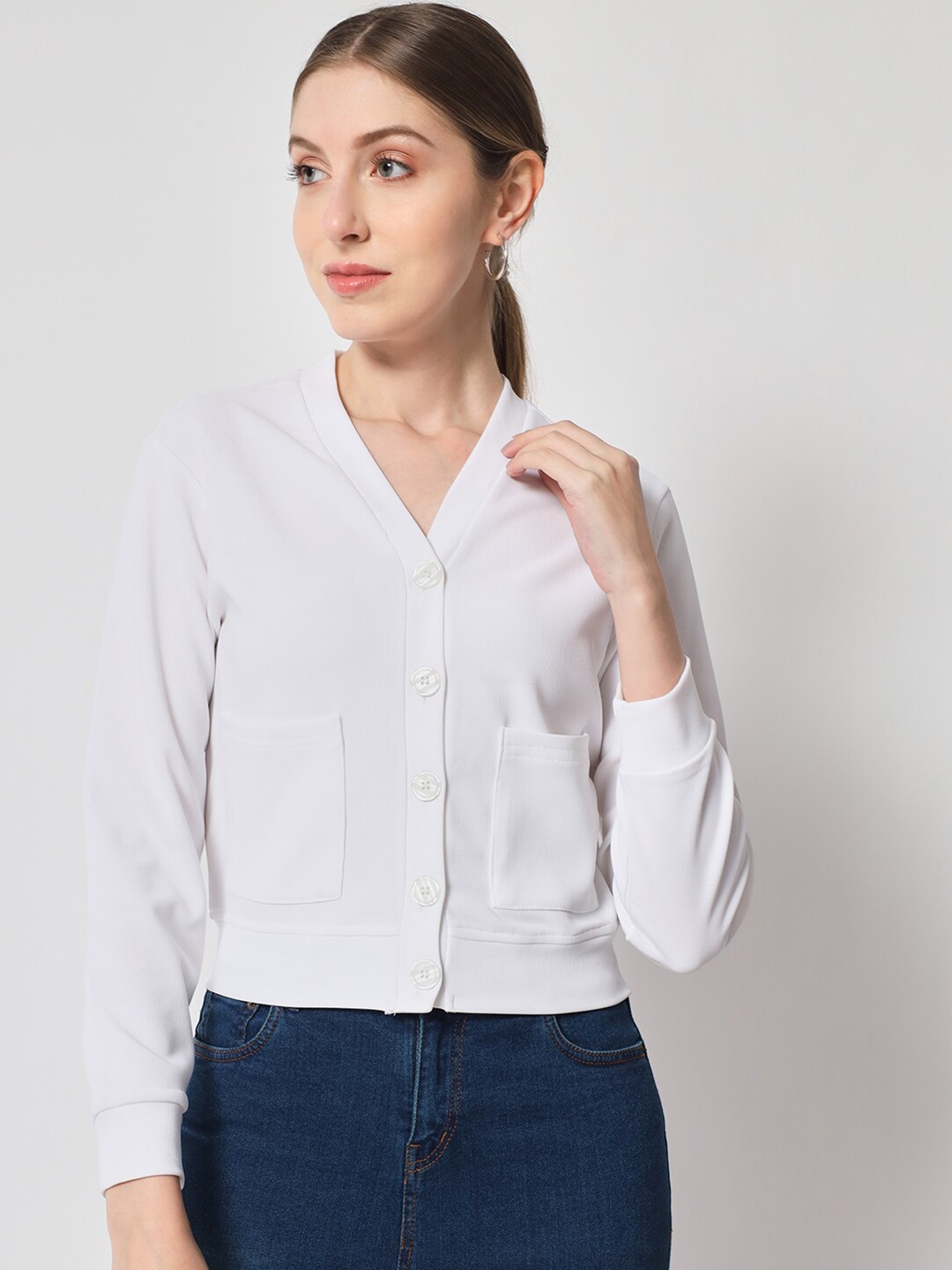 

Chemistry V-Neck Cuffed Sleeves Shirt Style Top, White
