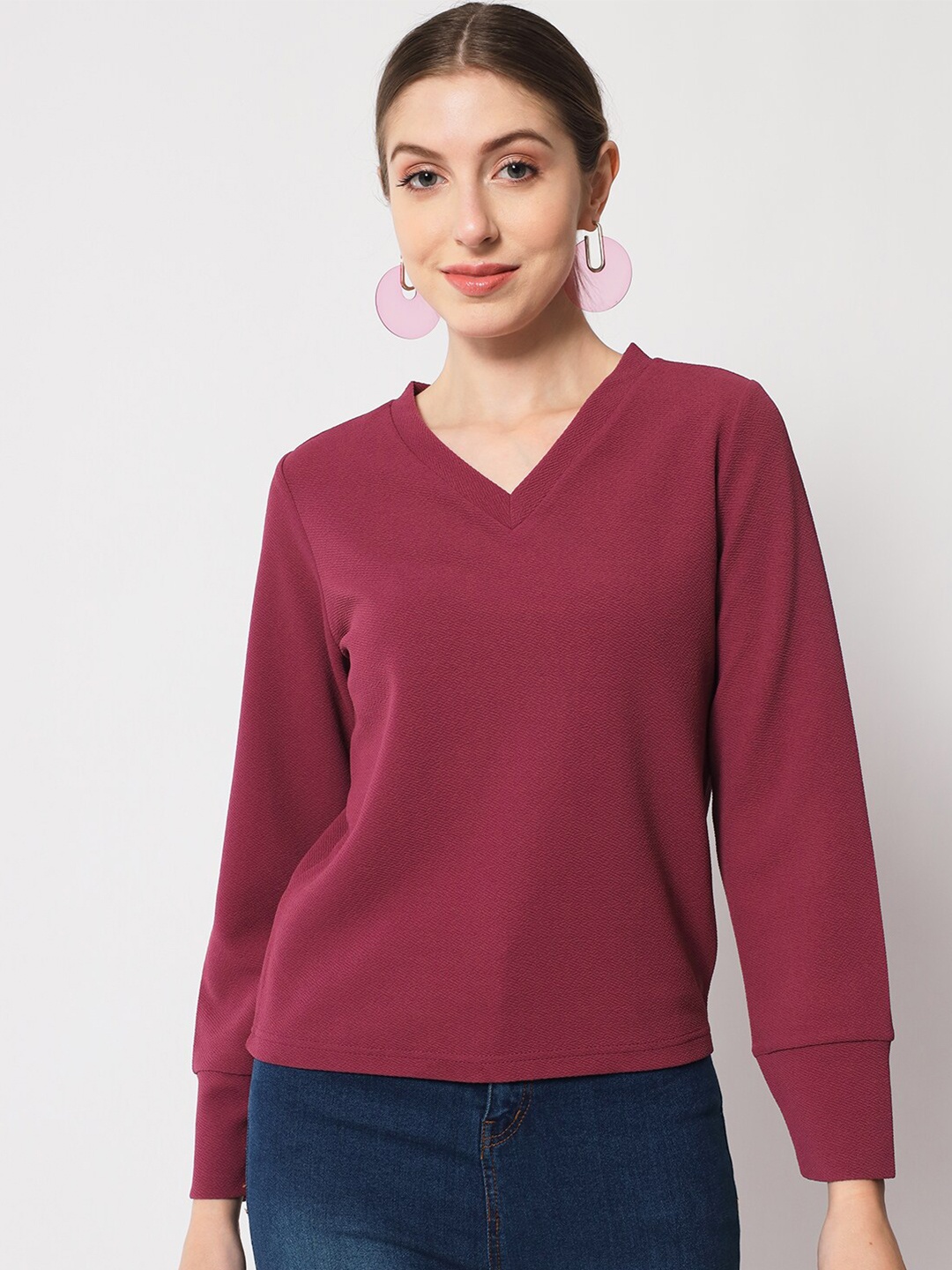 

Chemistry V-Neck Cuffed Sleeves Top, Mauve