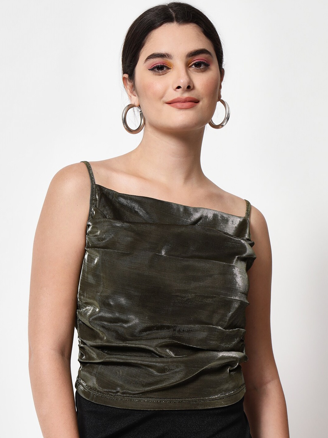 

Chemistry Self Design Shoulder Strap Pleated Regular Top, Olive