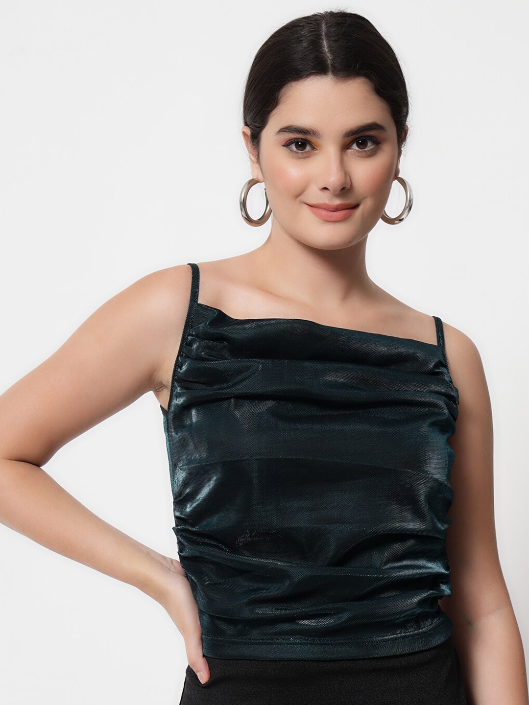 

Chemistry Self Design Shoulder Strap Pleated Regular Top, Navy blue