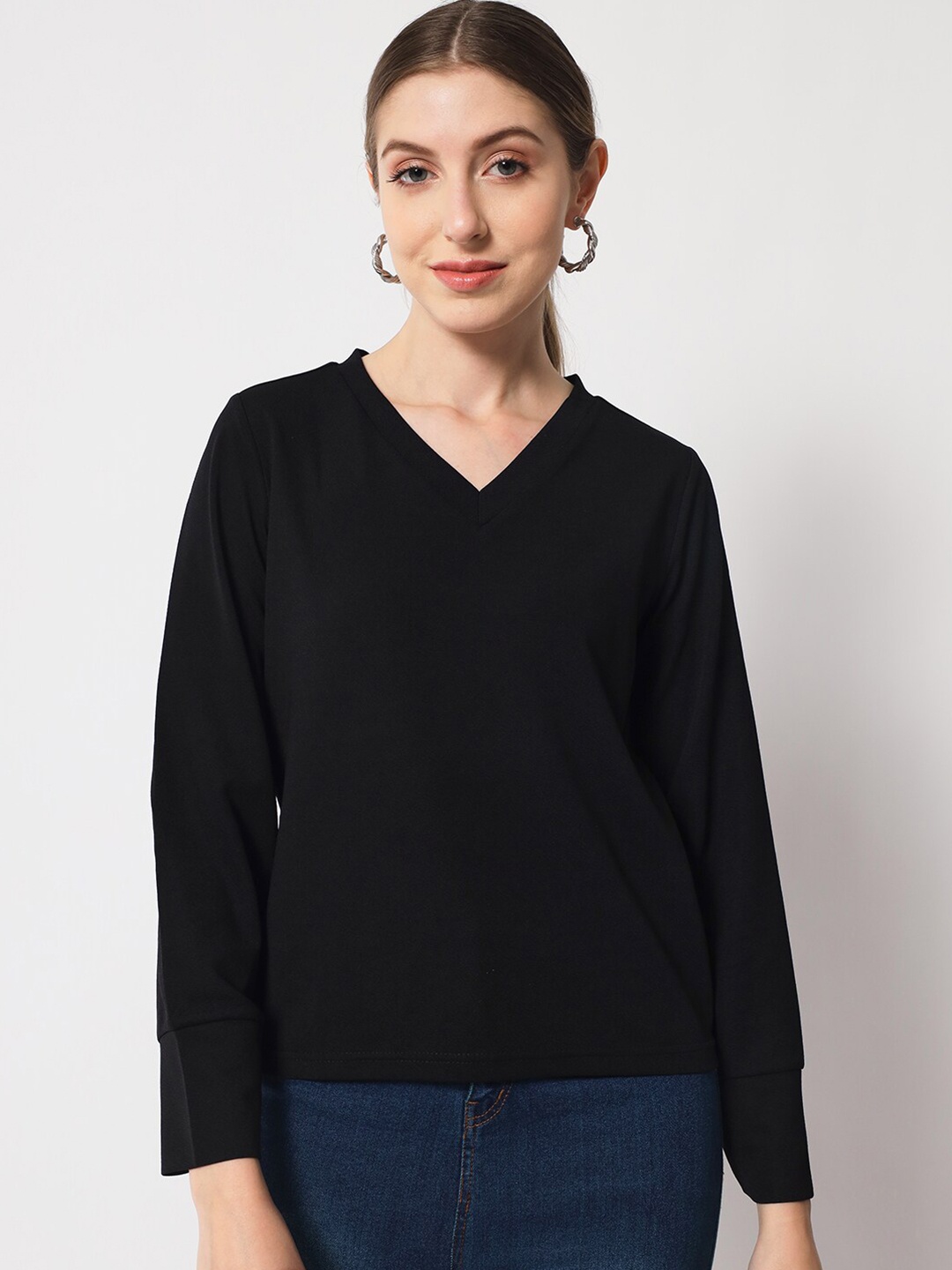 

Chemistry V-Neck Cuffed Sleeves Regular Top, Black