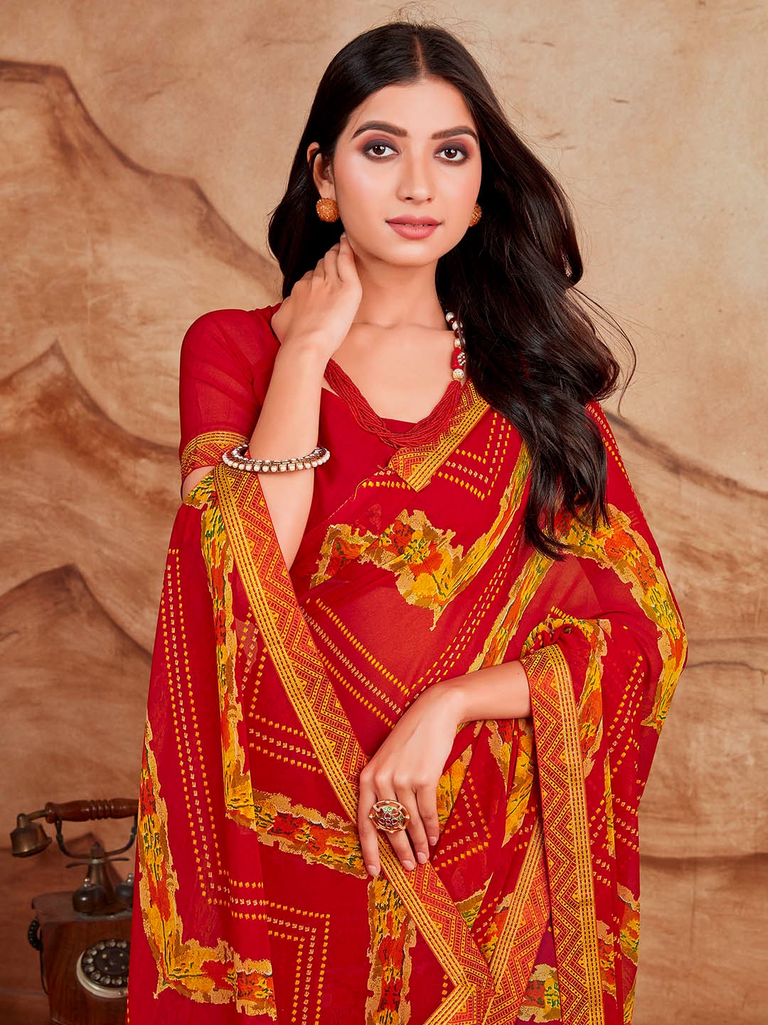 

Sangria Red & Yellow Bandhani Printed Saree