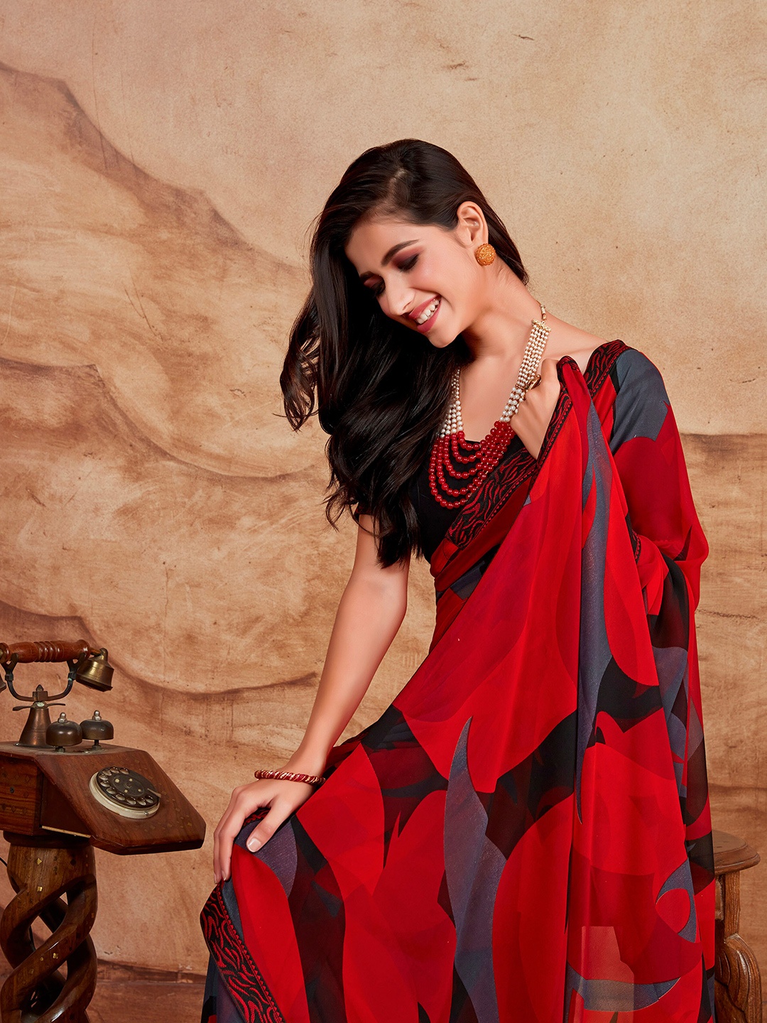 

Sangria Abstract Printed Embroidered Saree, Red
