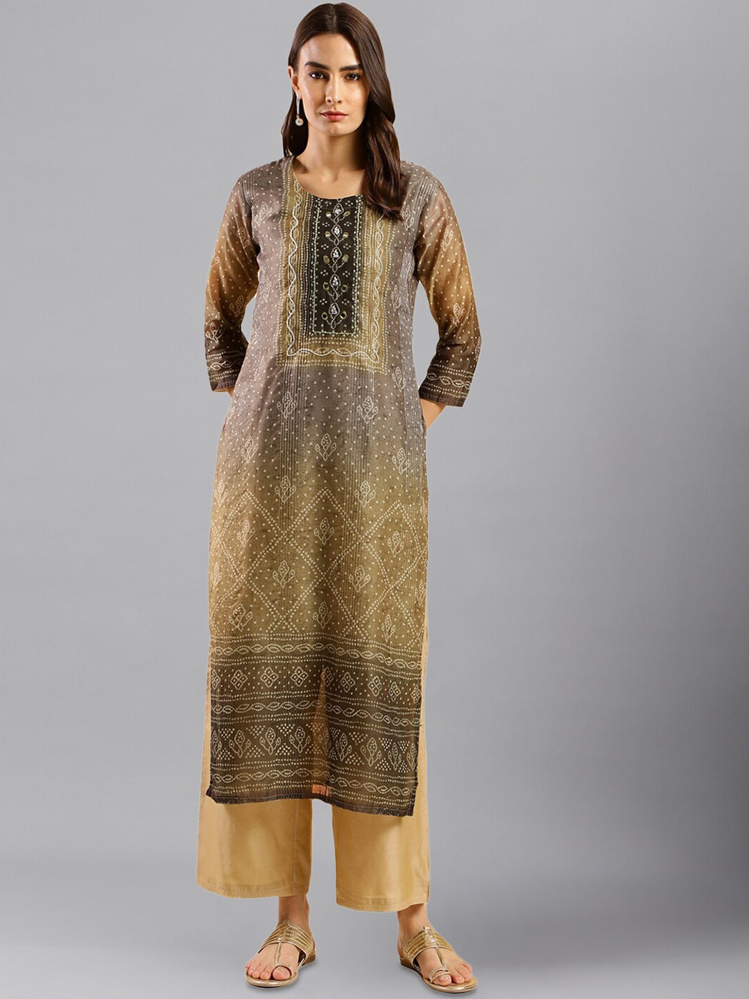 

KALINI Bandhani Printed Thread Work Straight Kurta, Brown