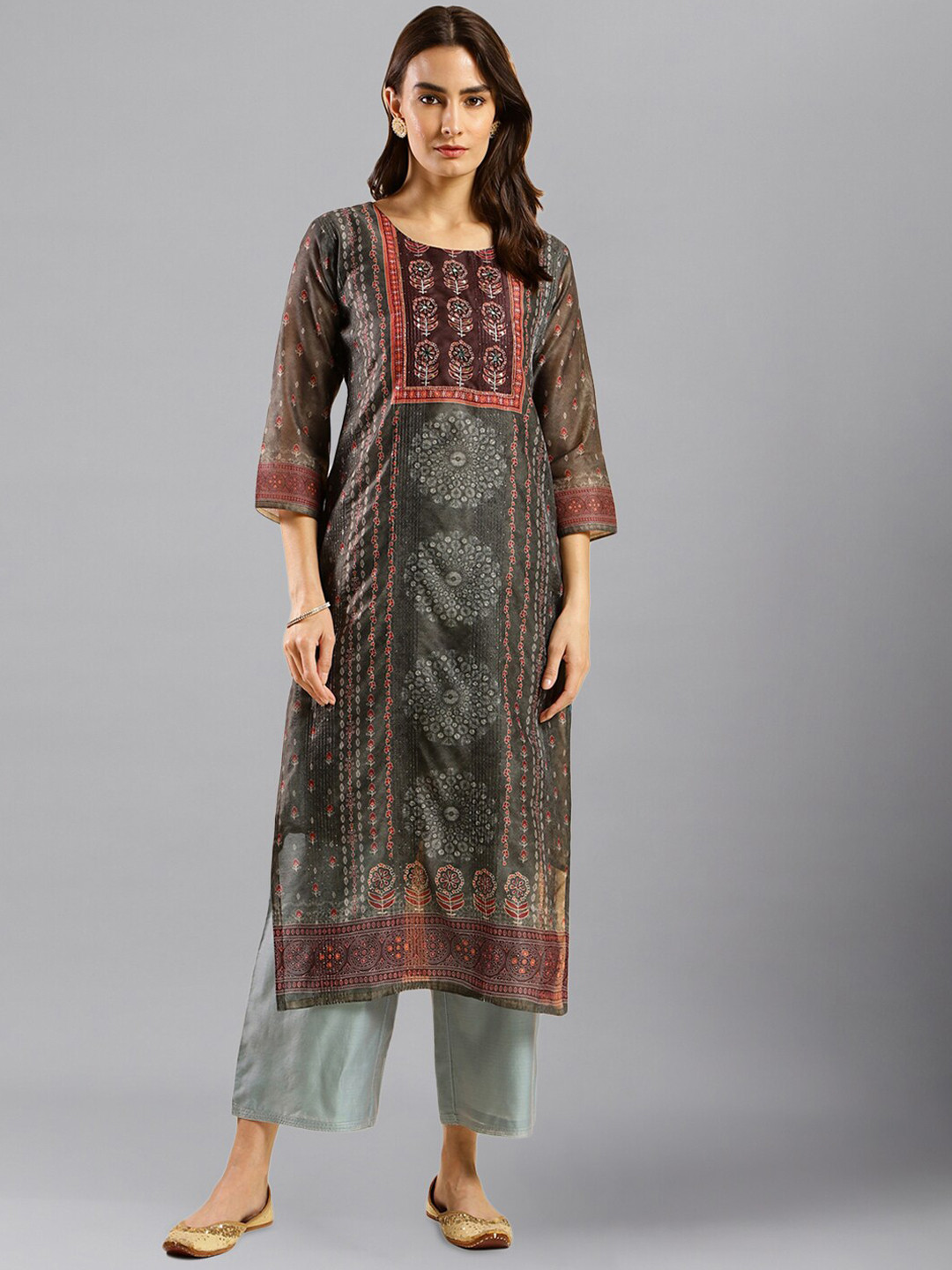 

KALINI Round Neck Floral Printed Straight Kurta, Olive