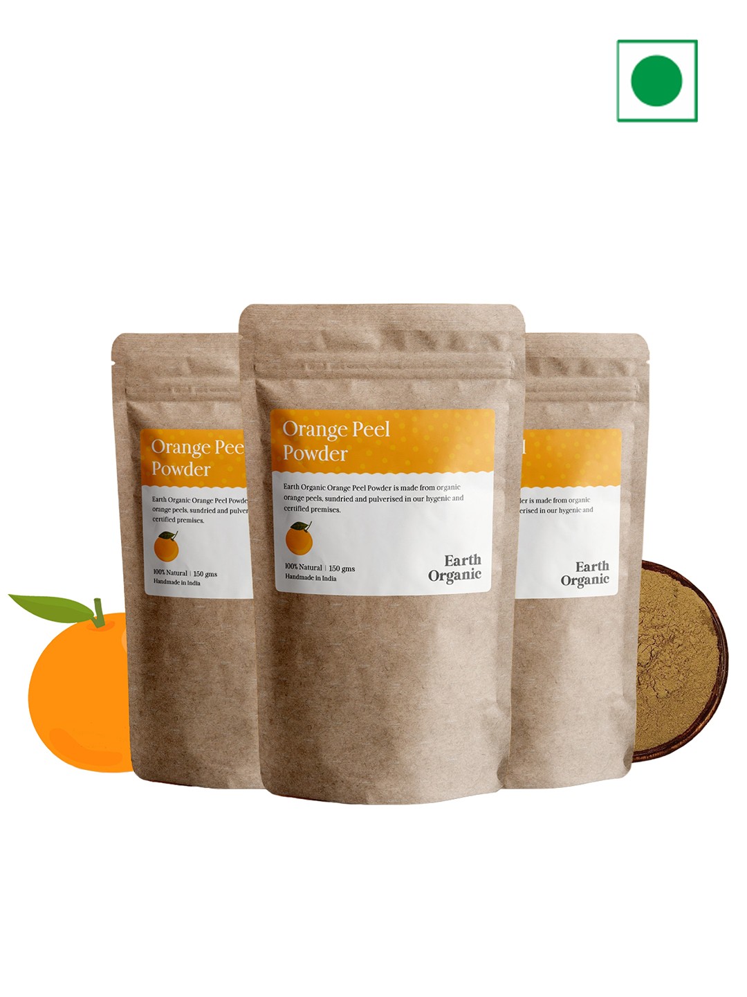 

Earth Organic Set of 3 Natural & Organic Orange Peel Powder Face & Hair Pack - 150 g each, Brown
