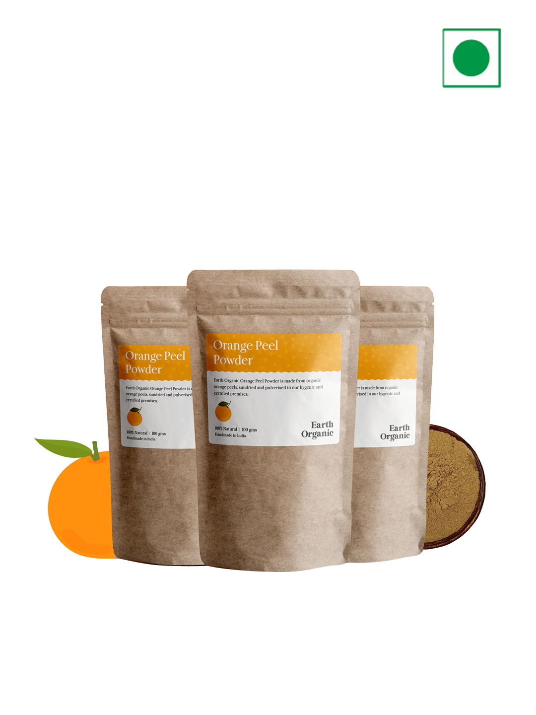 

Earth Organic Set of 3 Natural & Organic Orange Peel Powder Face & Hair Pack - 100 g each, Brown