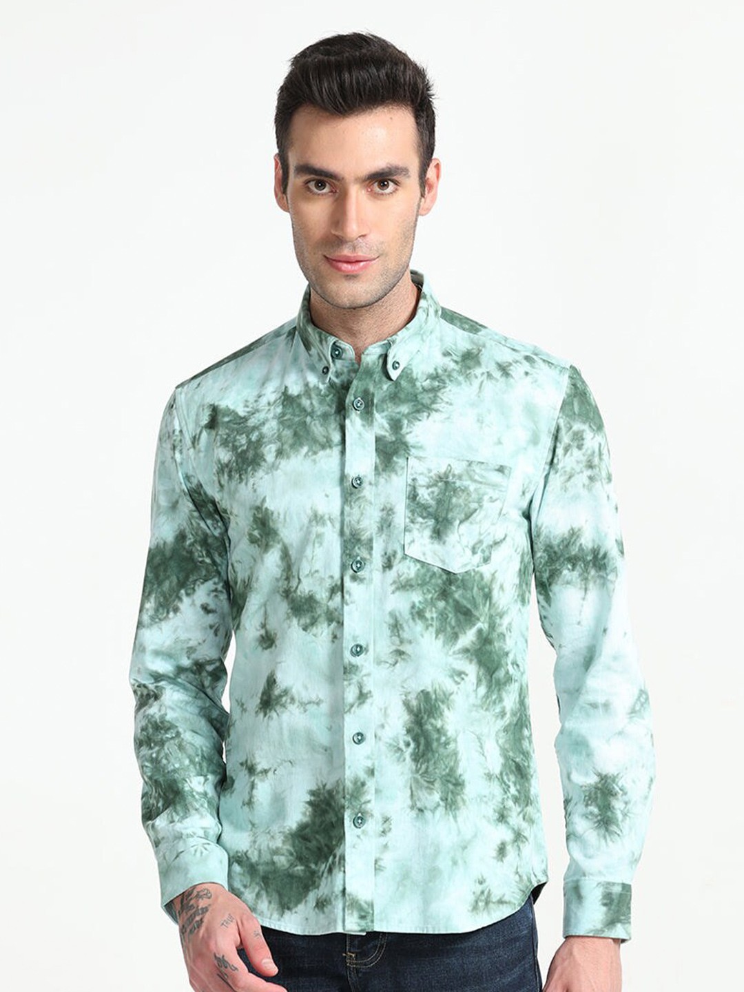 

Snitch Classic Abstract Printed Pure Cotton Shirt, Green