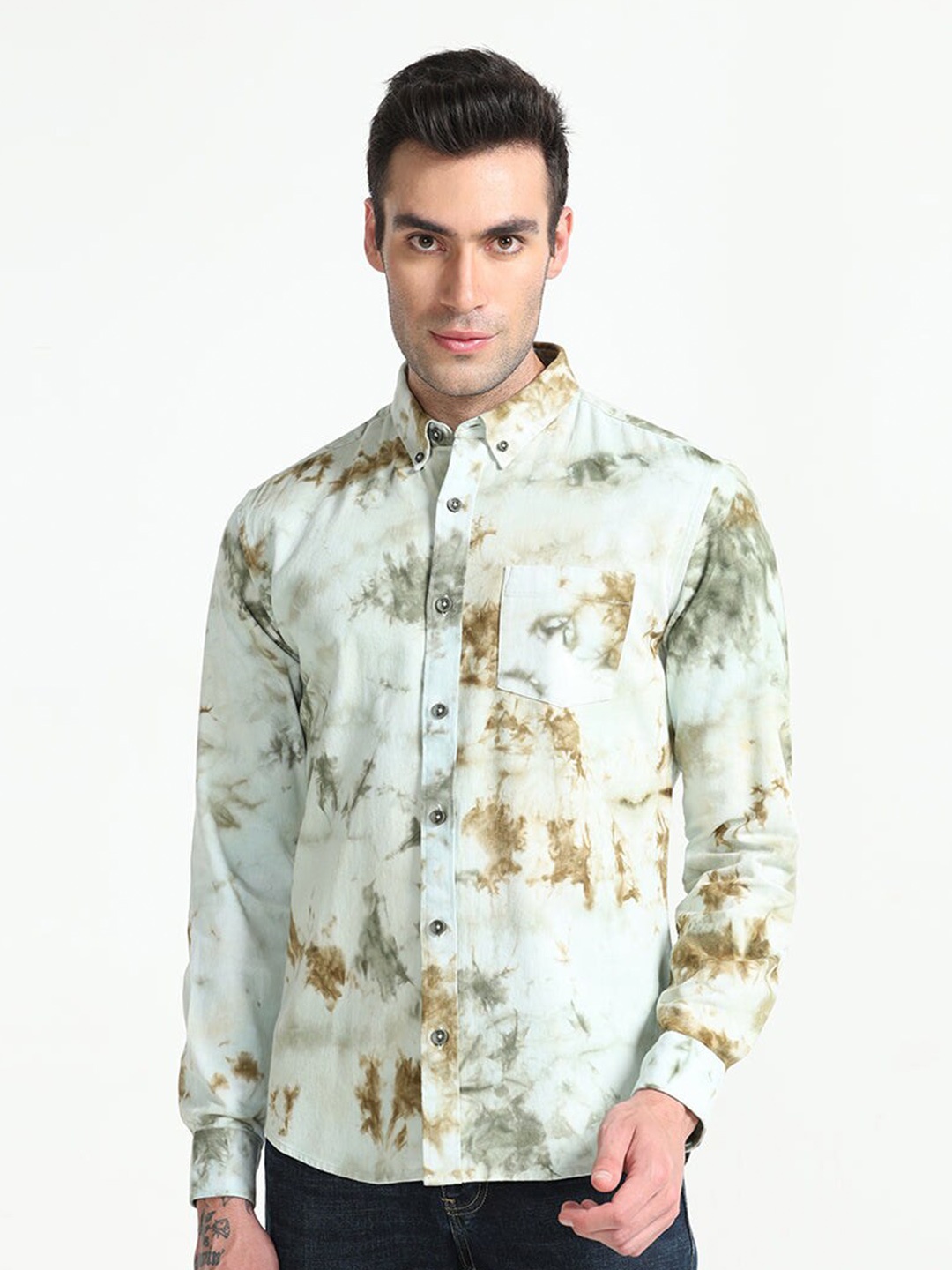 

Snitch Classic Abstract Printed Pure Cotton Shirt, Green