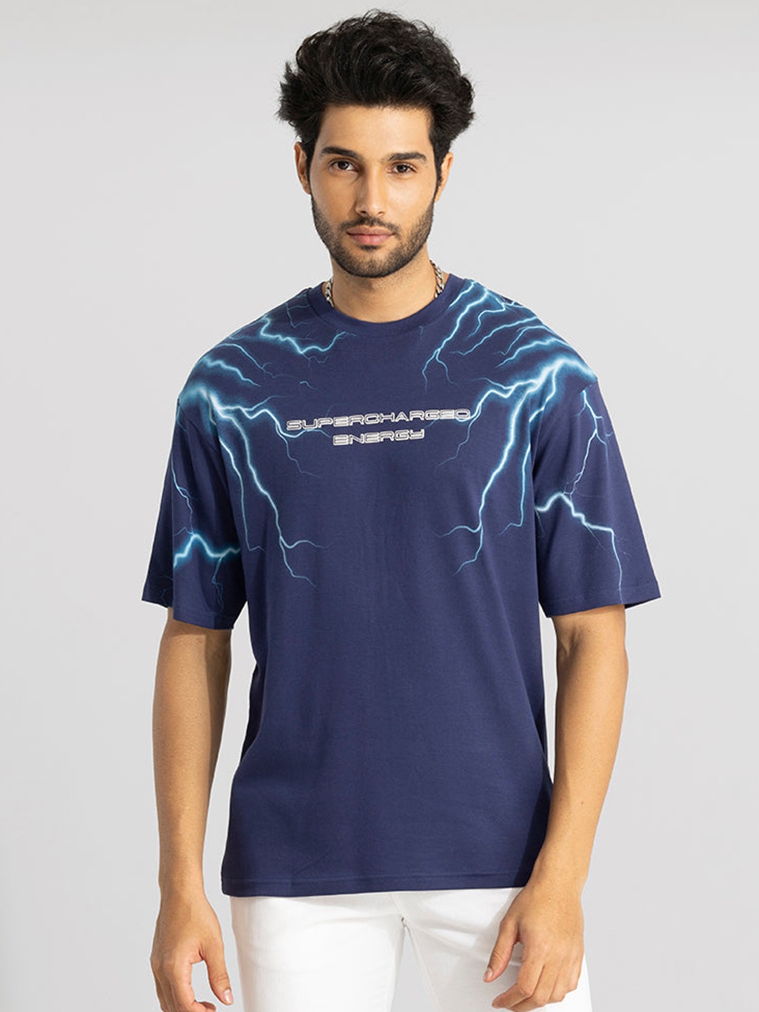 

Snitch Blue Supercharged Energy Text Printed Oversized T-Shirt