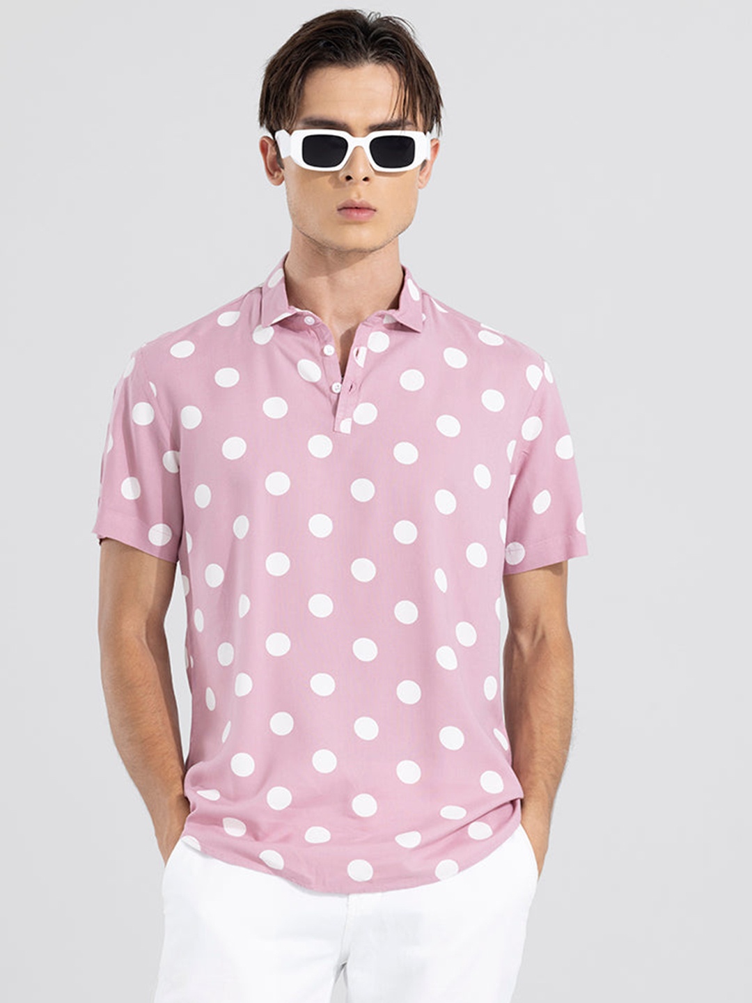 

Snitch Pink Polka Dots Printed Polo Collar T-shirt