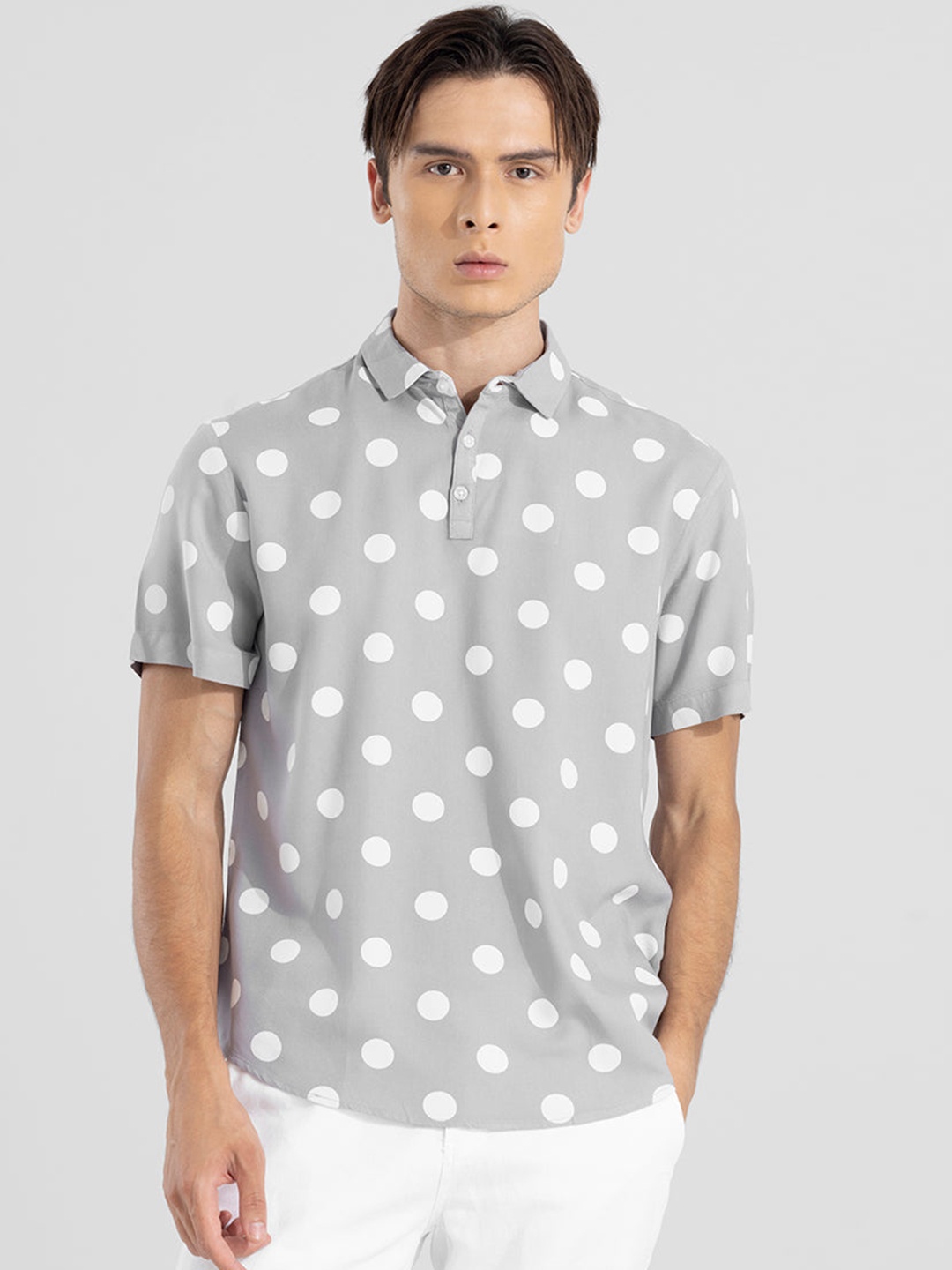 

Snitch Grey Polka Dots Printed Polo Collar T-shirt