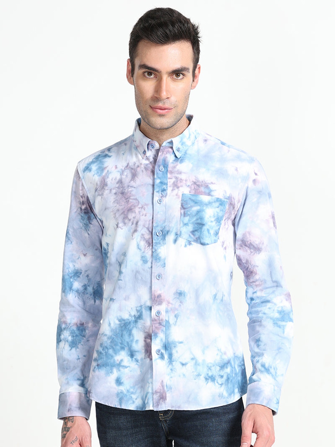 

Snitch Blue Classic Slim Fit Floral Opaque Printed Pure Cotton Casual Shirt