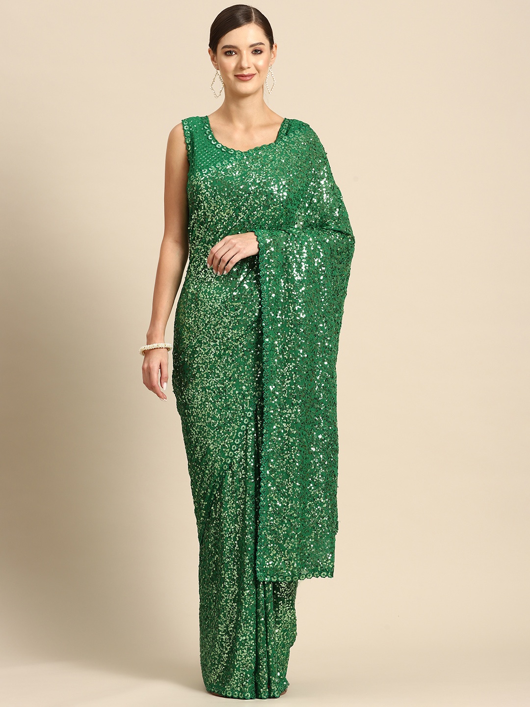 

Mizzific Embellished Sequinned Georgette Saree, Green
