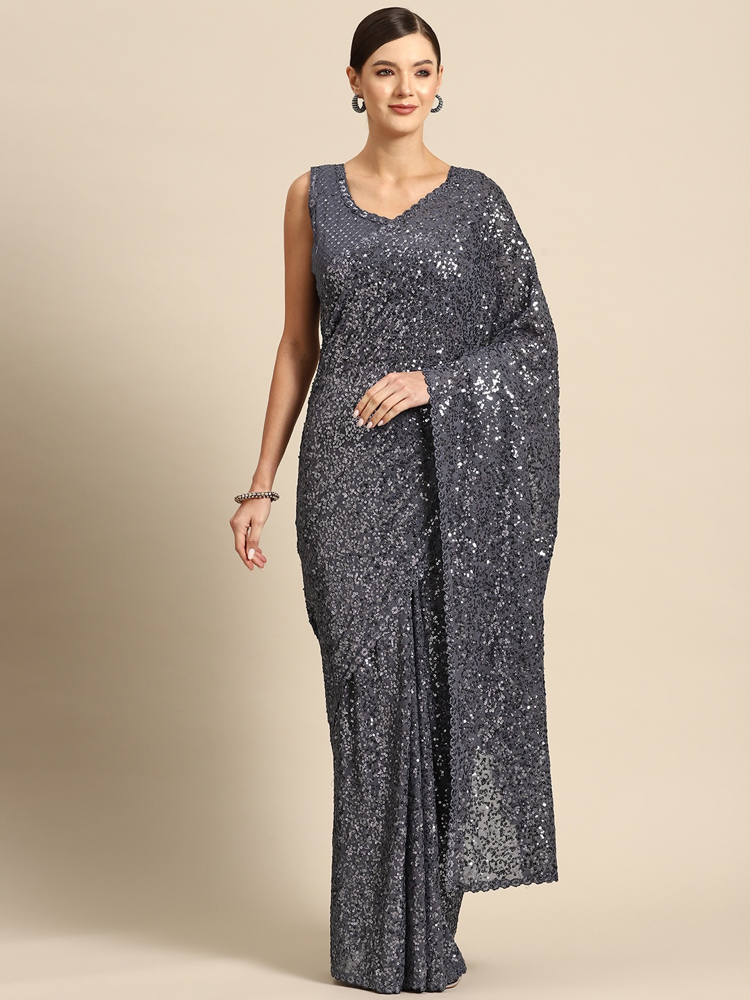 

Mizzific Embellished Sequinned Georgette Saree, Grey