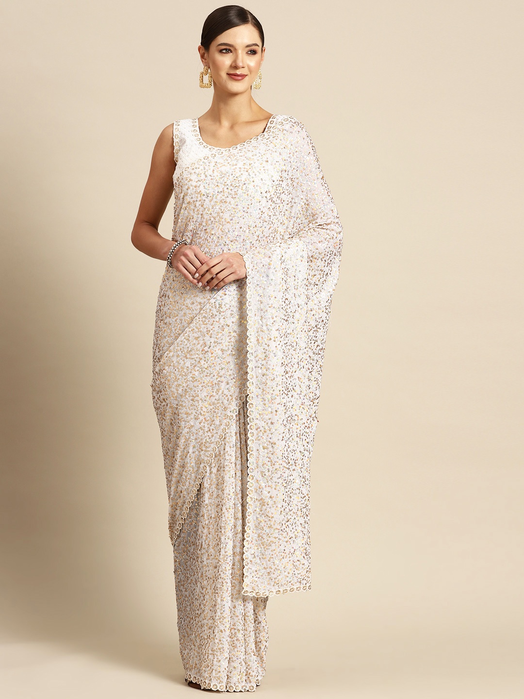 

Mizzific Embellished Sequinned Georgette Saree, White