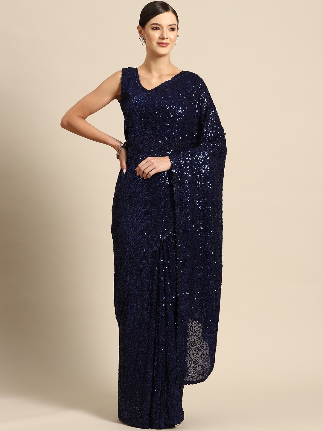 

Mizzific Embellished Sequinned Georgette Saree, Navy blue
