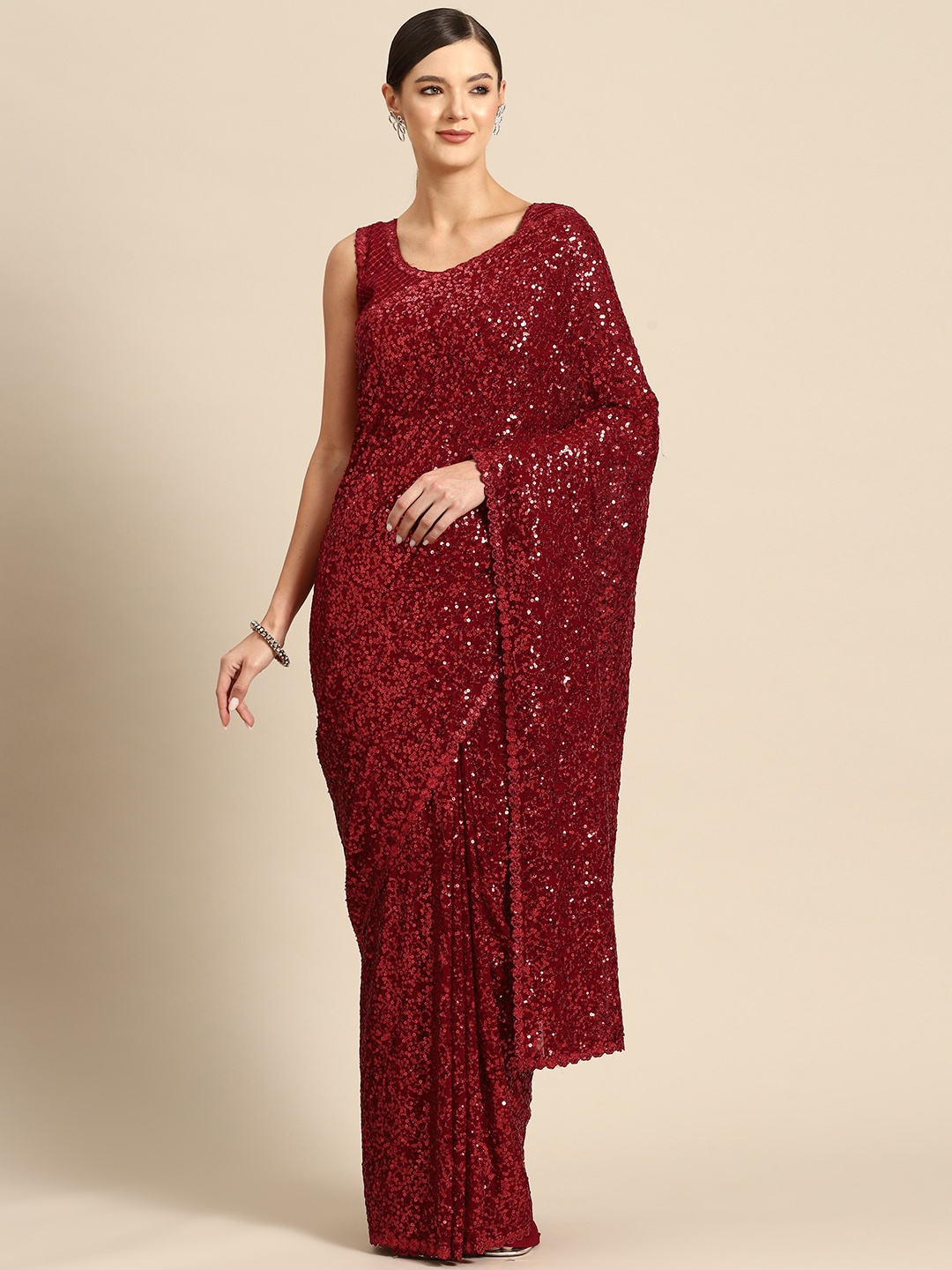 

Mizzific Embellished Sequinned Georgette Saree, Maroon