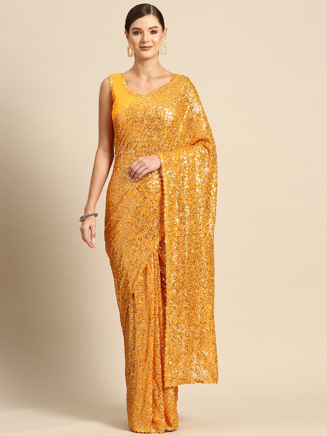 

Mizzific Embellished Sequinned Georgette Saree, Yellow