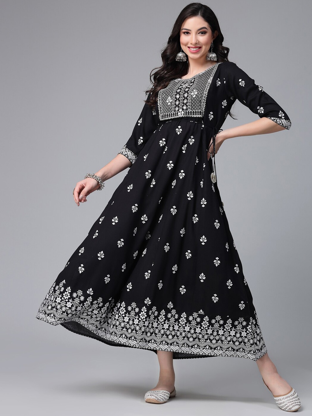 

Stylum Ethnic Motifs Printed Round Neck Fit & Flare Ethnic Dress, Black