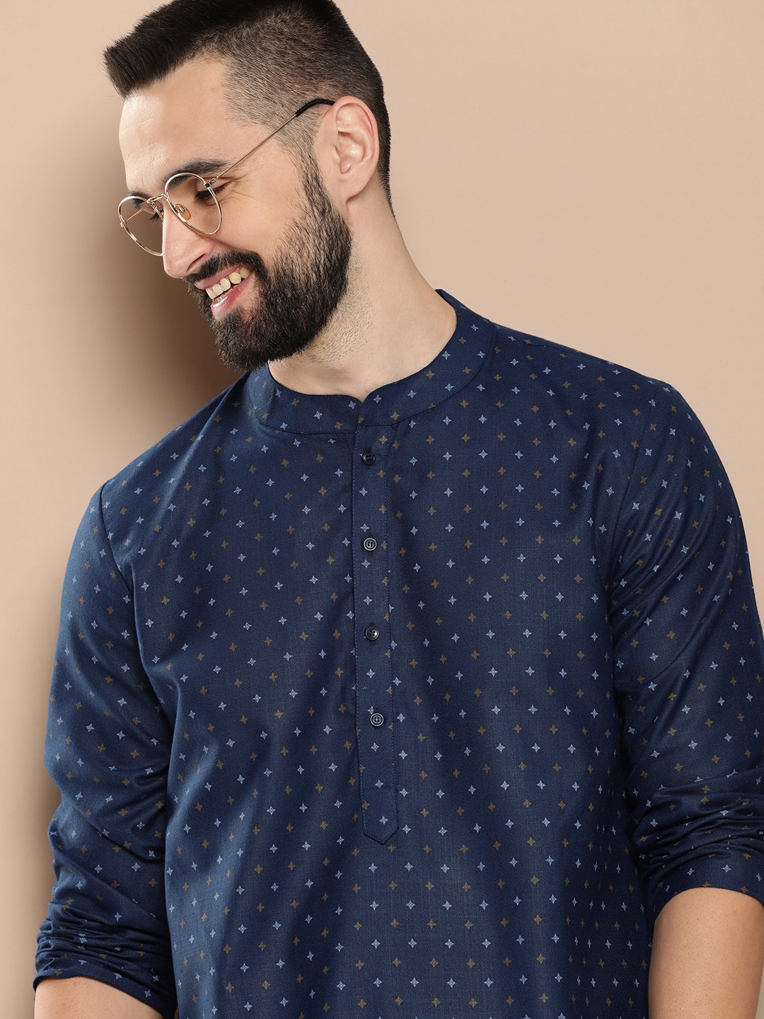 

HERE&NOW Men Geometric Printed Kurta, Navy blue