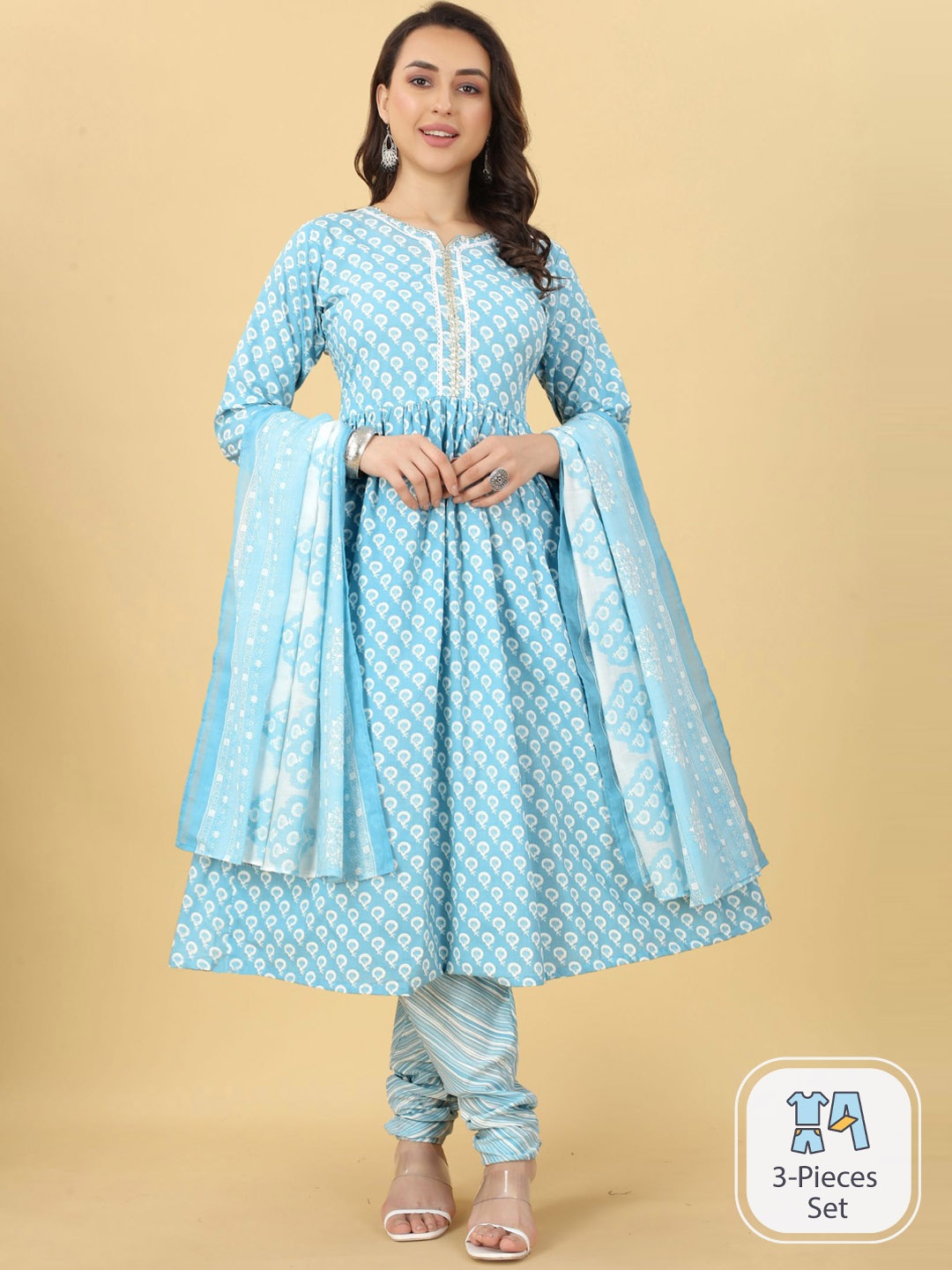 

KALINI Ethnic Motifs Printed Pleated Gotta Patti Kurta with Churidar & Dupatta, Turquoise blue