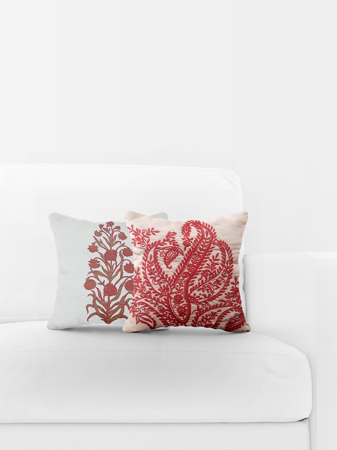 

Just Home Cream-Coloured & Red 2 Pieces Embroidered Cotton Square Cushion Covers