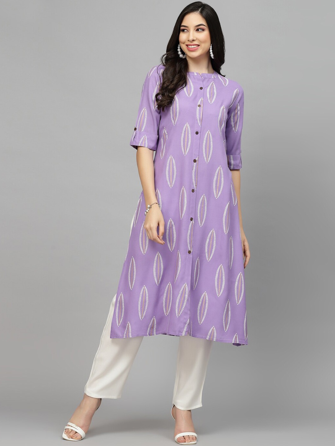 

Stylum Purple Ethnic Motifs Printed Mandarin Collar A-Line Kurta