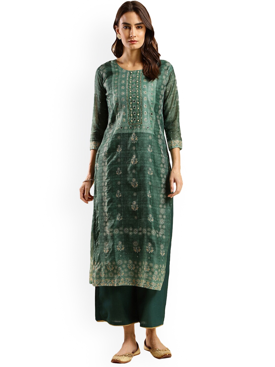 

Nimayaa Ethnic Motifs Printed Thread Work Straight Kurta, Sea green
