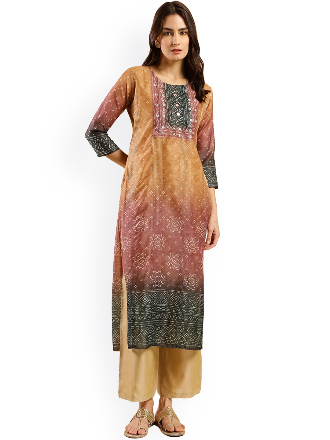 

Nimayaa Floral Bandhani Printed Mirror Work Straight Kurta, Orange
