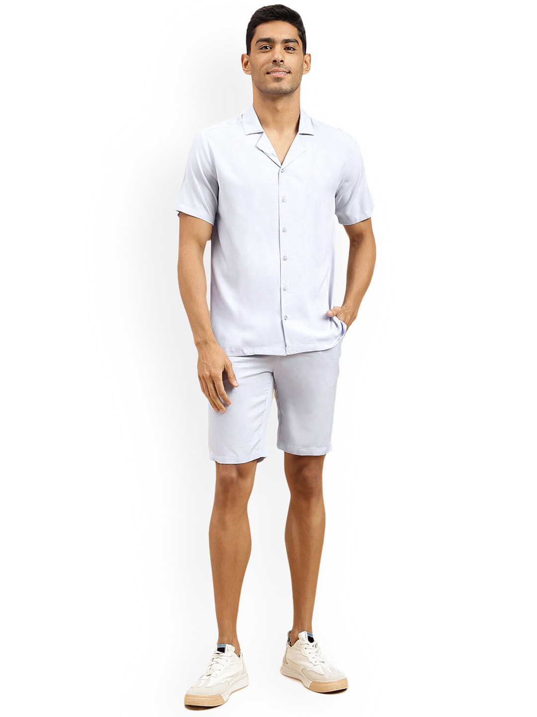 

Nimayaa Men Cuban Collar Resort Shirt And Shorts, Blue