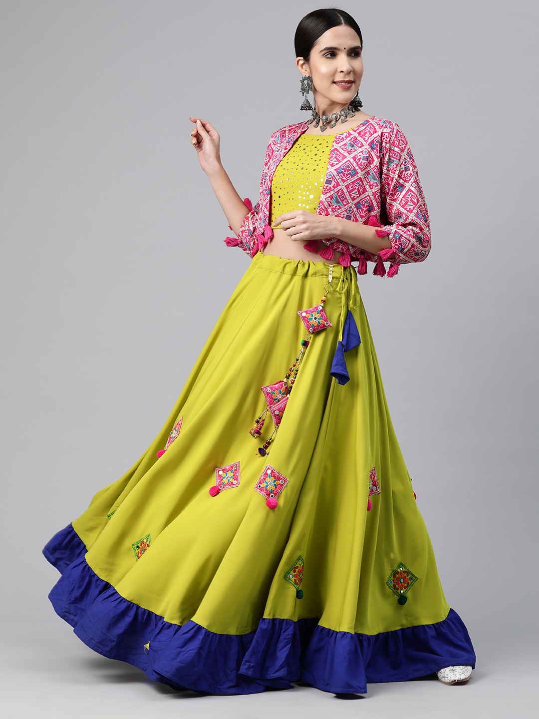 

Mizzific Embellished Mirror Work Semi-Stitched Lehenga & Unstitched Blouse With Jacket, Fluorescent green