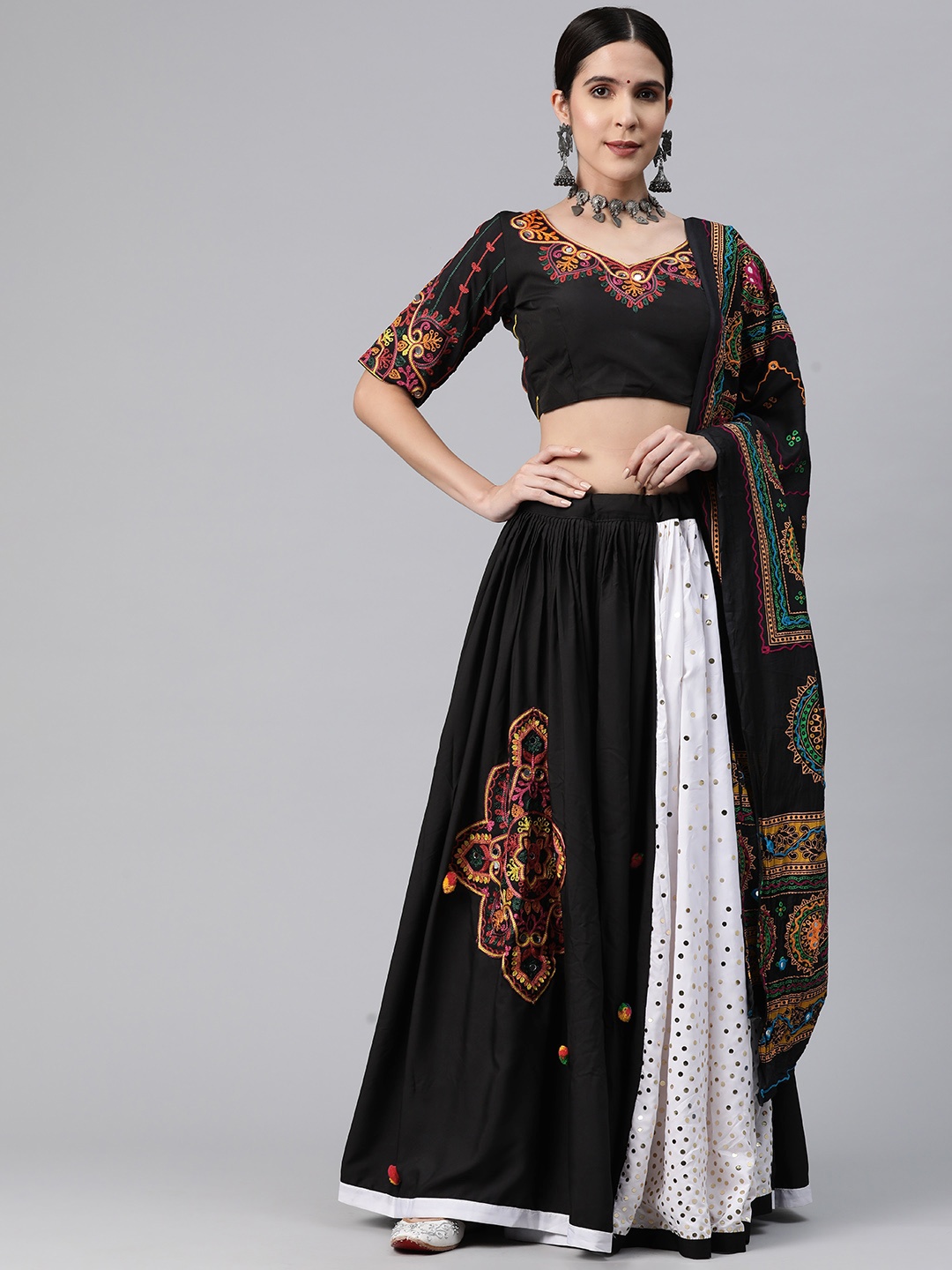 

Mizzific Embroidered Mirror Work Semi-Stitched Lehenga & Unstitched Blouse With Dupatta, Black
