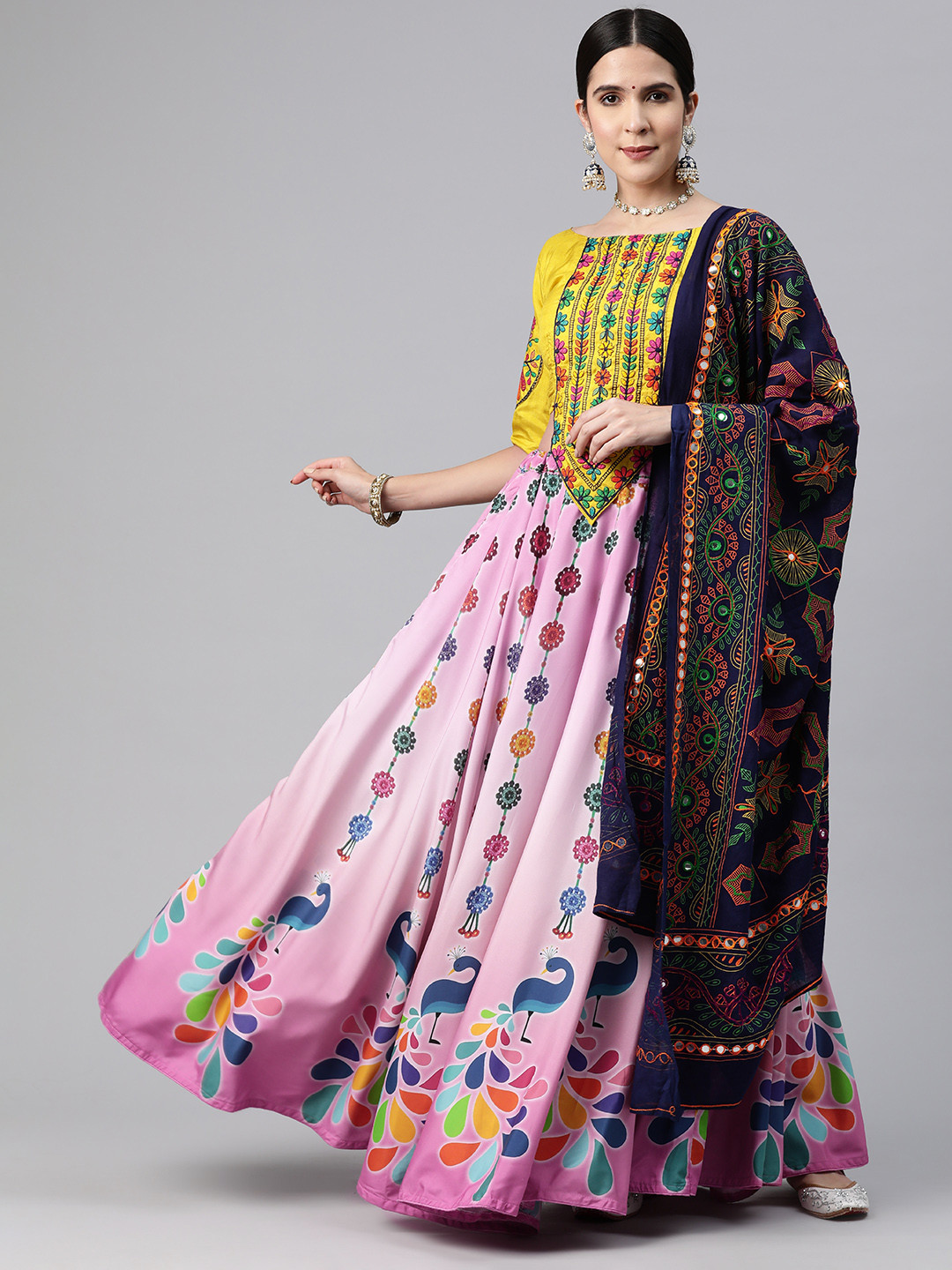 

Mizzific Embroidered Mirror Work Semi-Stitched Lehenga & Unstitched Blouse With Dupatta, Pink