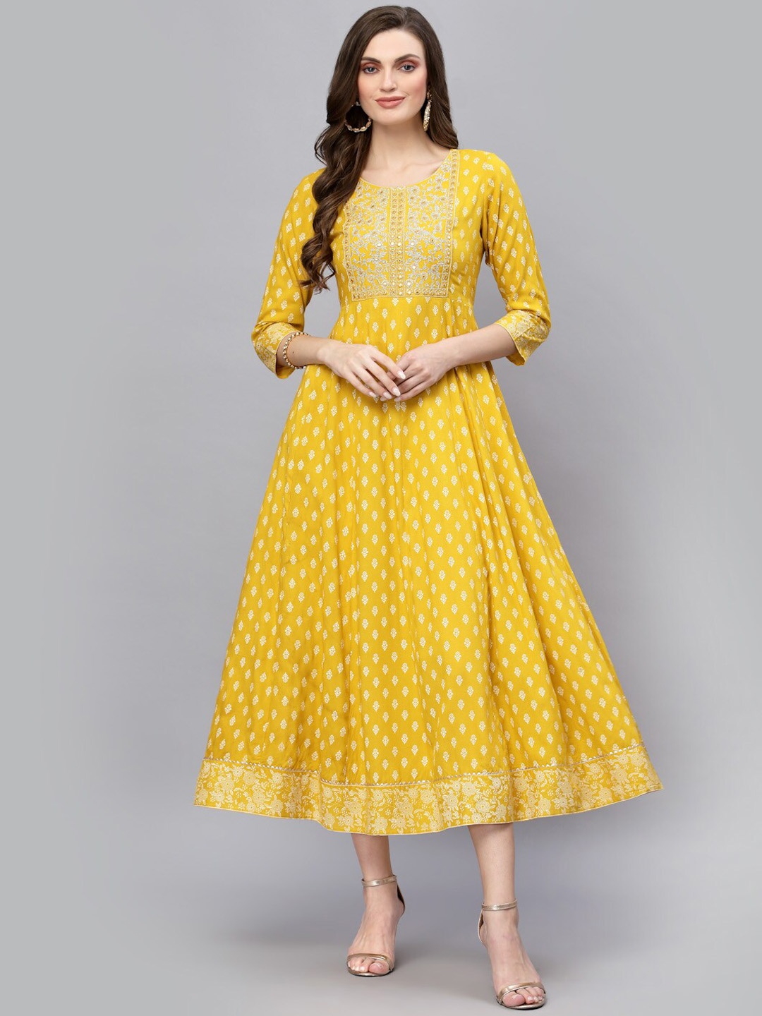 

Stylum Ethnic Motifs Printed Fit & Flare Maxi Ethnic Dress, Mustard