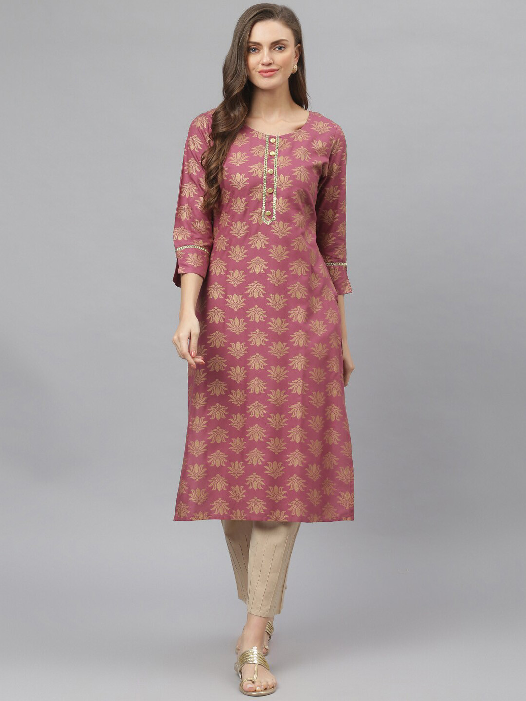 

Stylum Ethnic Motifs Printed Round Neck Straight Kurta, Purple