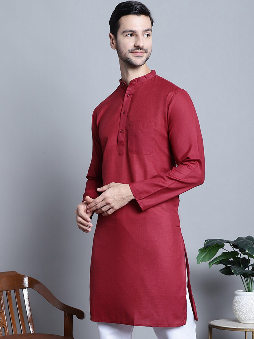 

Jompers Band Collar Long Sleeves Pure Cotton Straight Kurta, Maroon