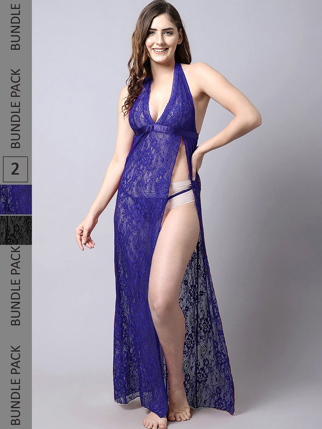 

AROUSY Pack Of 2 Self Design Halter Neck Net Baby Doll, Blue