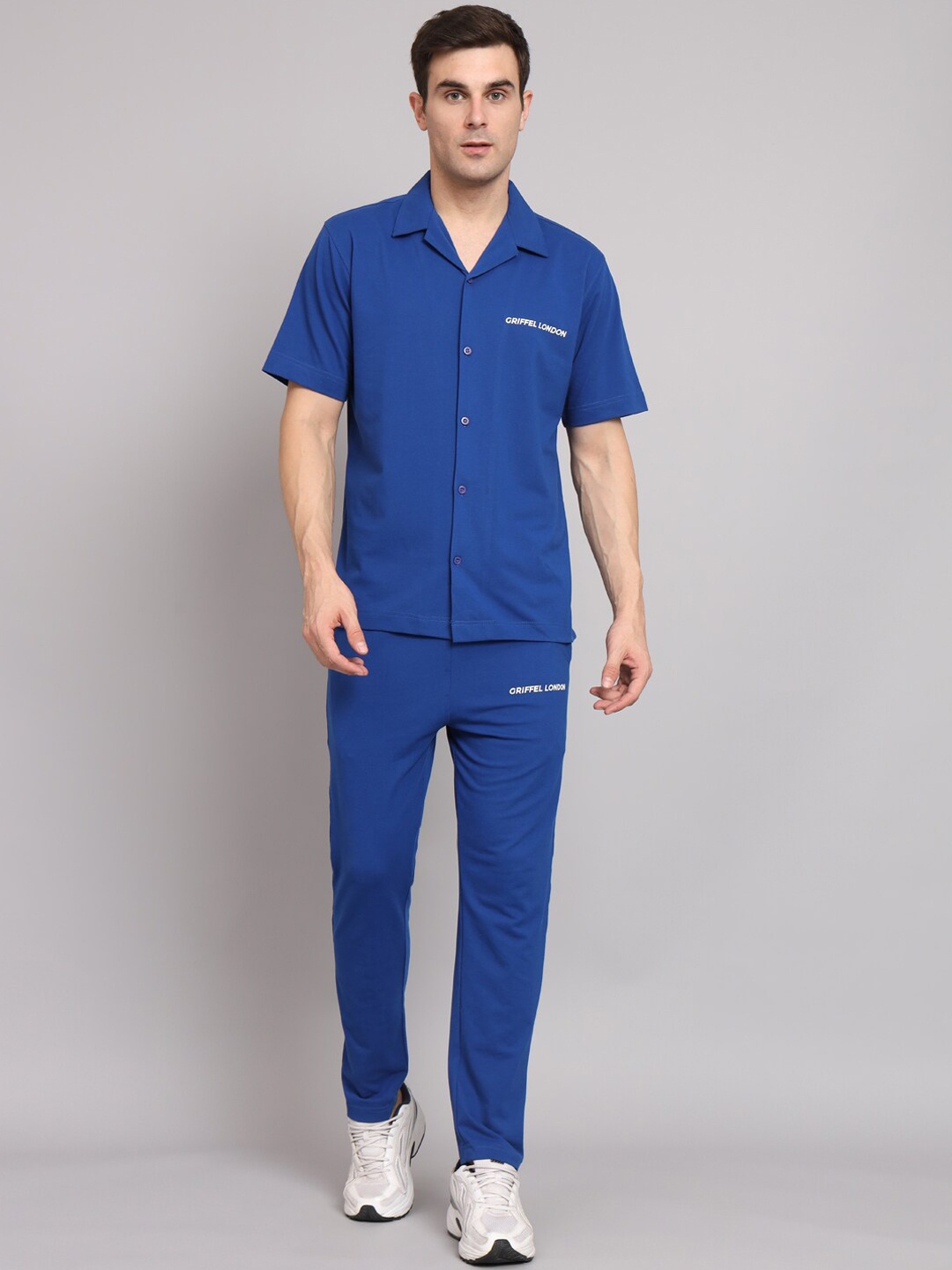 

GRIFFEL Lapel Collar Pure Cotton Shirt & Trousers, Blue