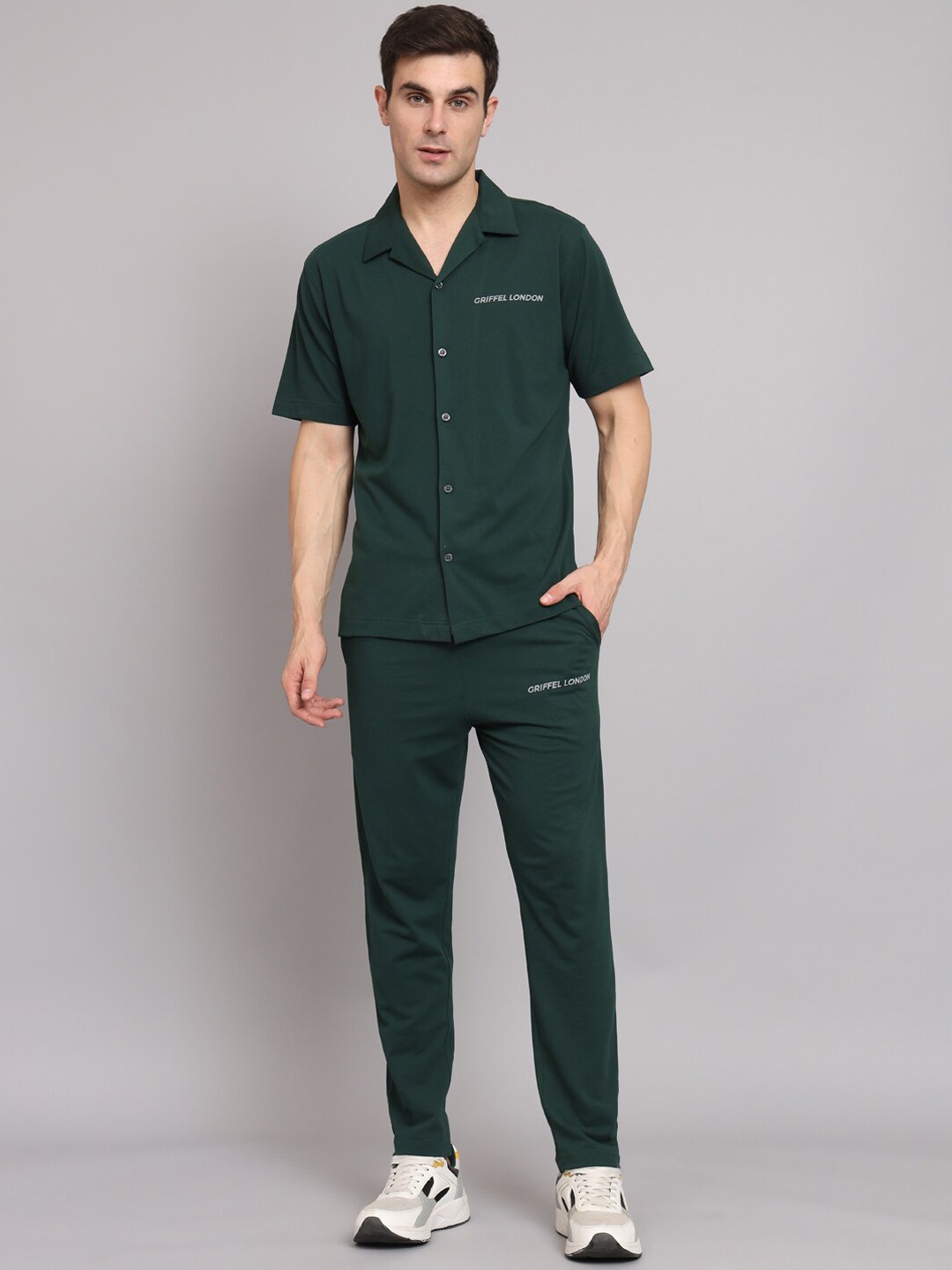 

GRIFFEL Lapel Collar Pure Cotton Shirt & Trousers, Green