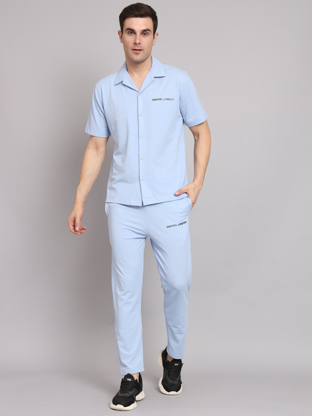 

GRIFFEL Lapel Collar Pure Cotton Shirt & Trousers, Blue