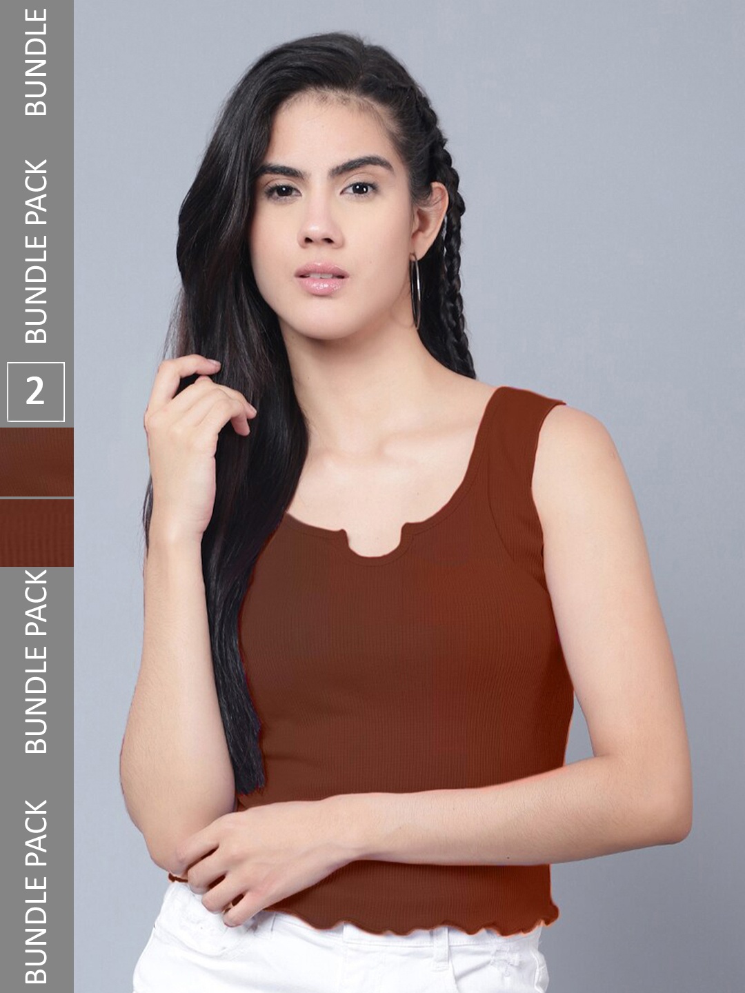 

Boleem Pack Of 2 Ribbed Fitted Cotton Crop Top, Brown