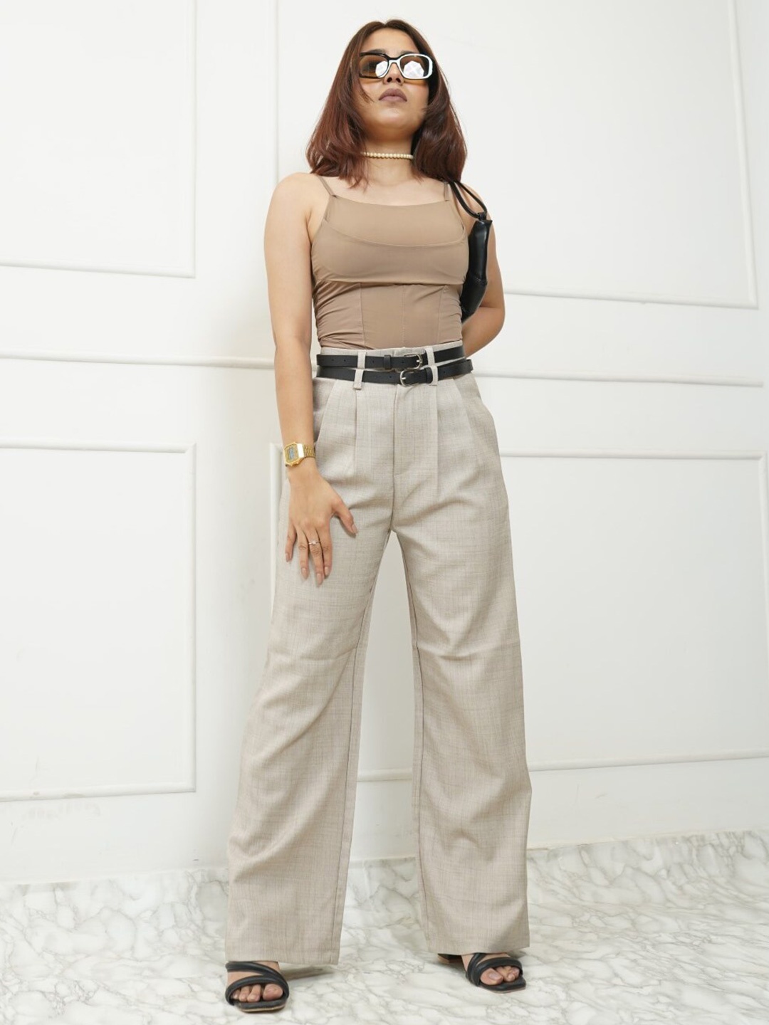 

StyleAsh Shoulder Straps Fitted Crop Top, Beige