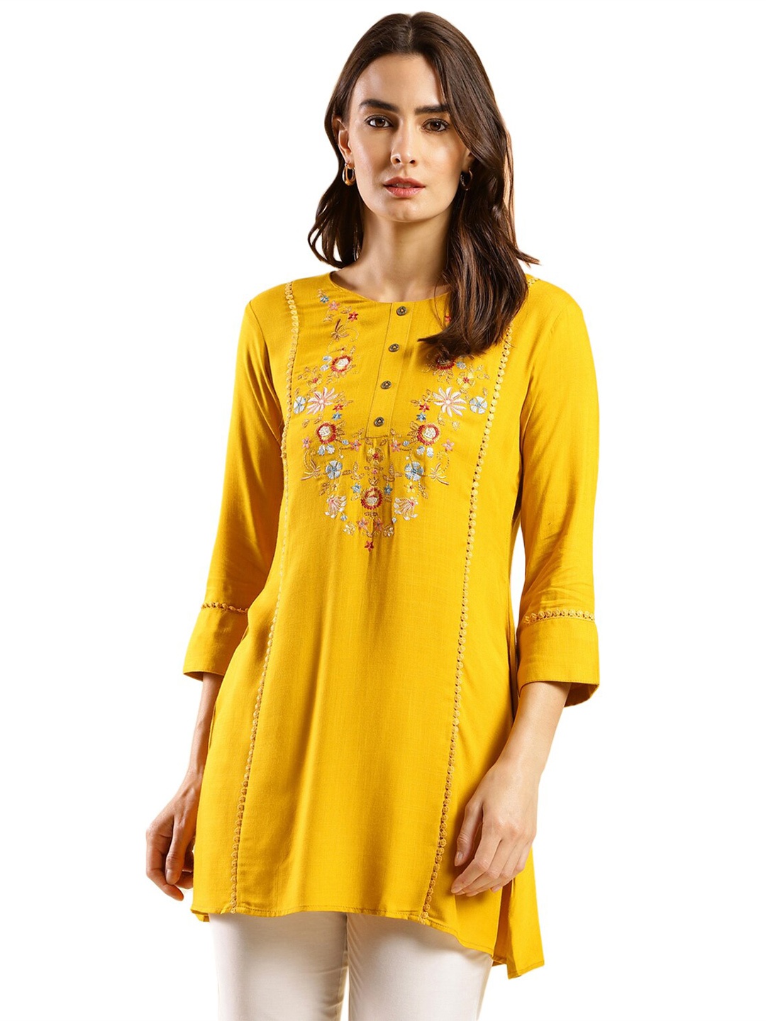 

Nimayaa Floral Yoke Embroidered Top, Mustard
