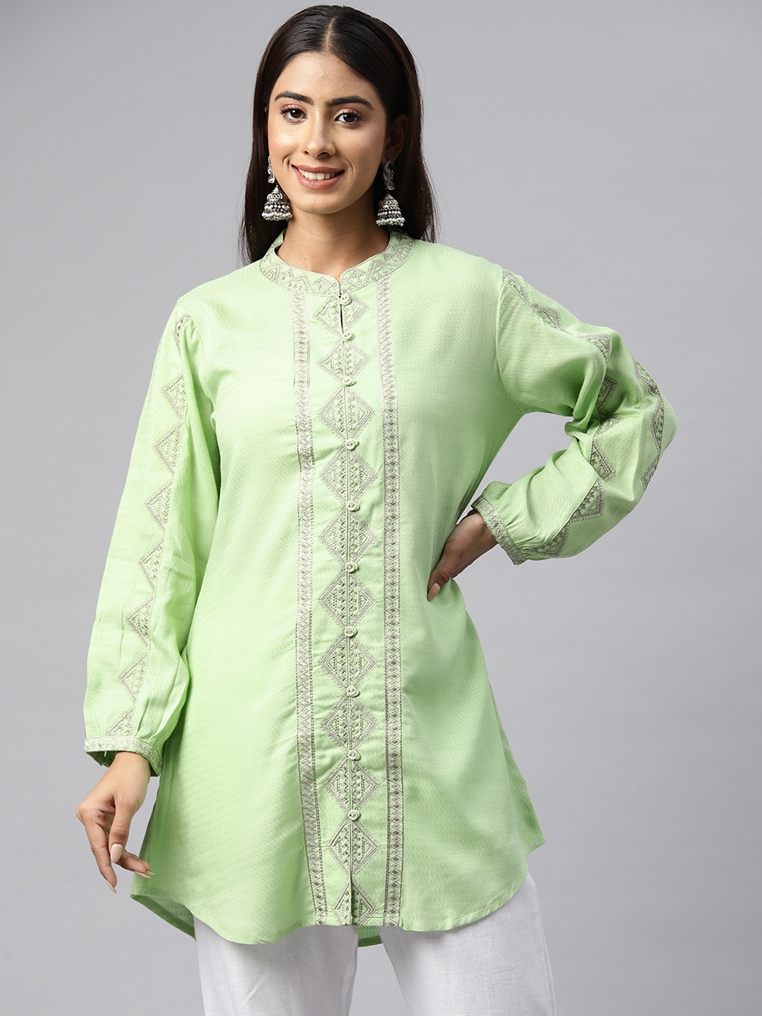 Readiprint Embroidered Thread Work Puff Sleeves Kurti, Green