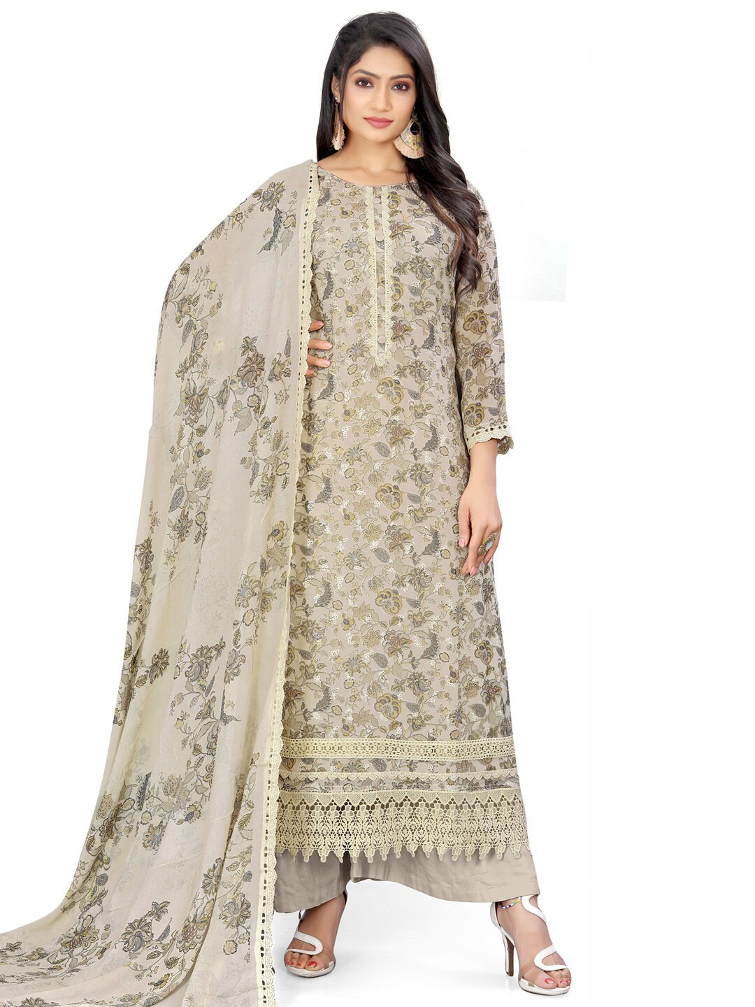 

Stylee LIFESTYLE Floral Printed Silk Georgette Unstitched Dress Material, Cream