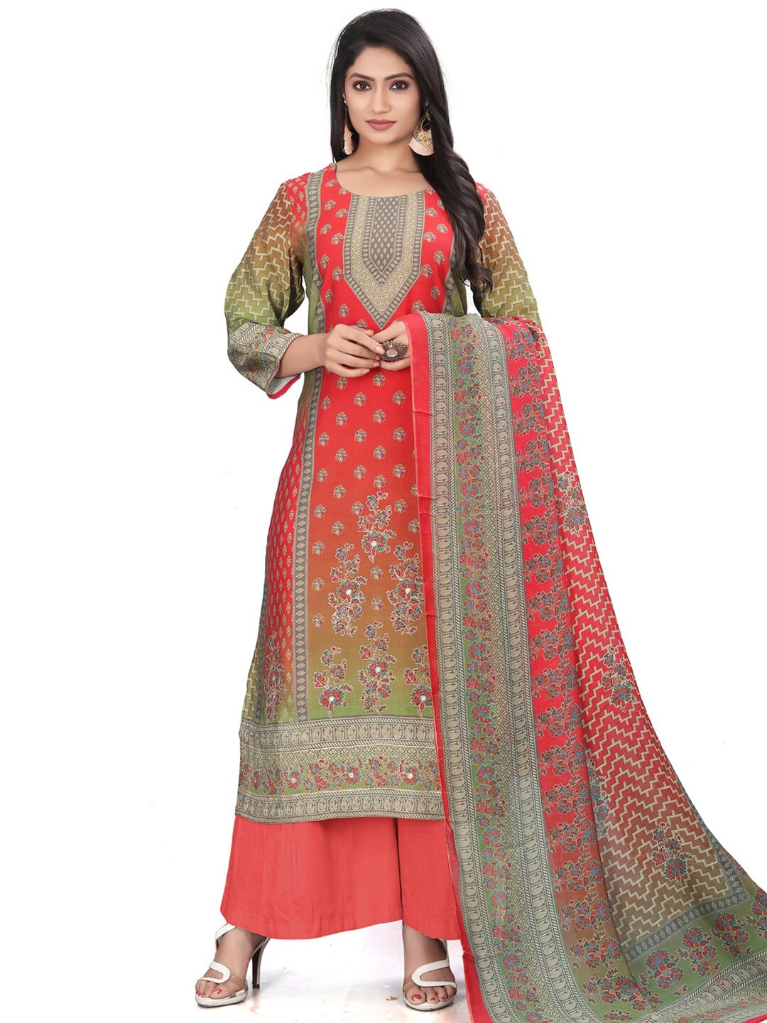 

Stylee LIFESTYLE Floral Printed Pure Silk Unstitched Dress Material, Red