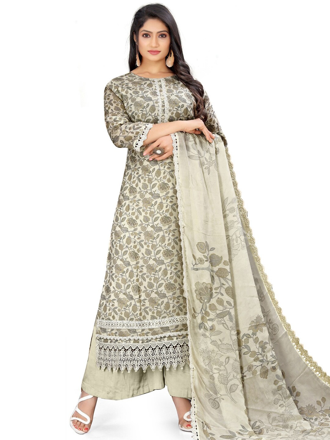 

Stylee LIFESTYLE Floral Printed Silk Georgette Unstitched Dress Material, Cream