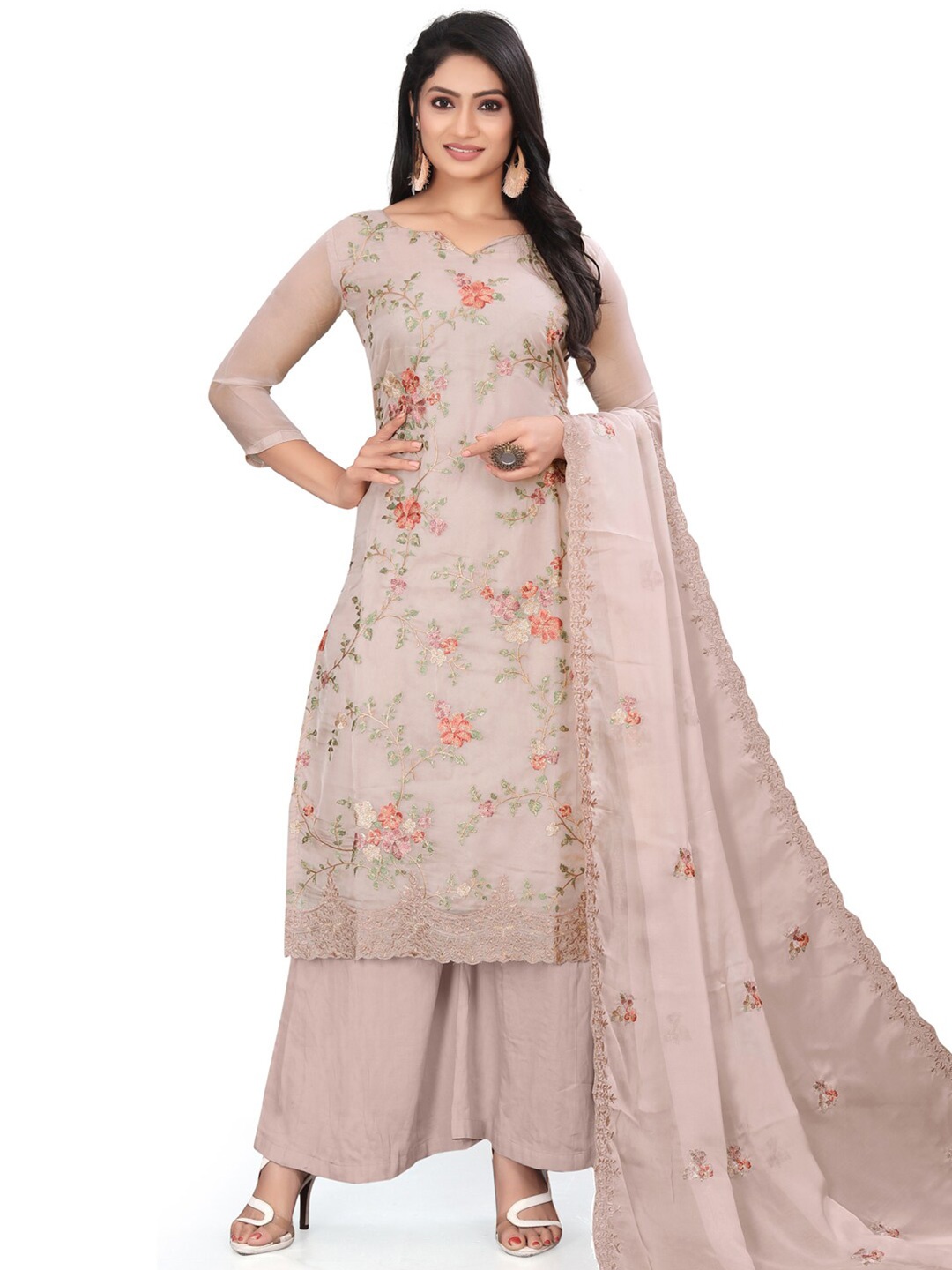

Stylee LIFESTYLE Floral Embroidered Organza Unstitched Dress Material, Beige